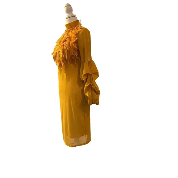 CQbyCQ UNIQUE FEATHER mustard plume  LONG PUFFY SLEEVES SIZE SMALL - Picture 3 of 10